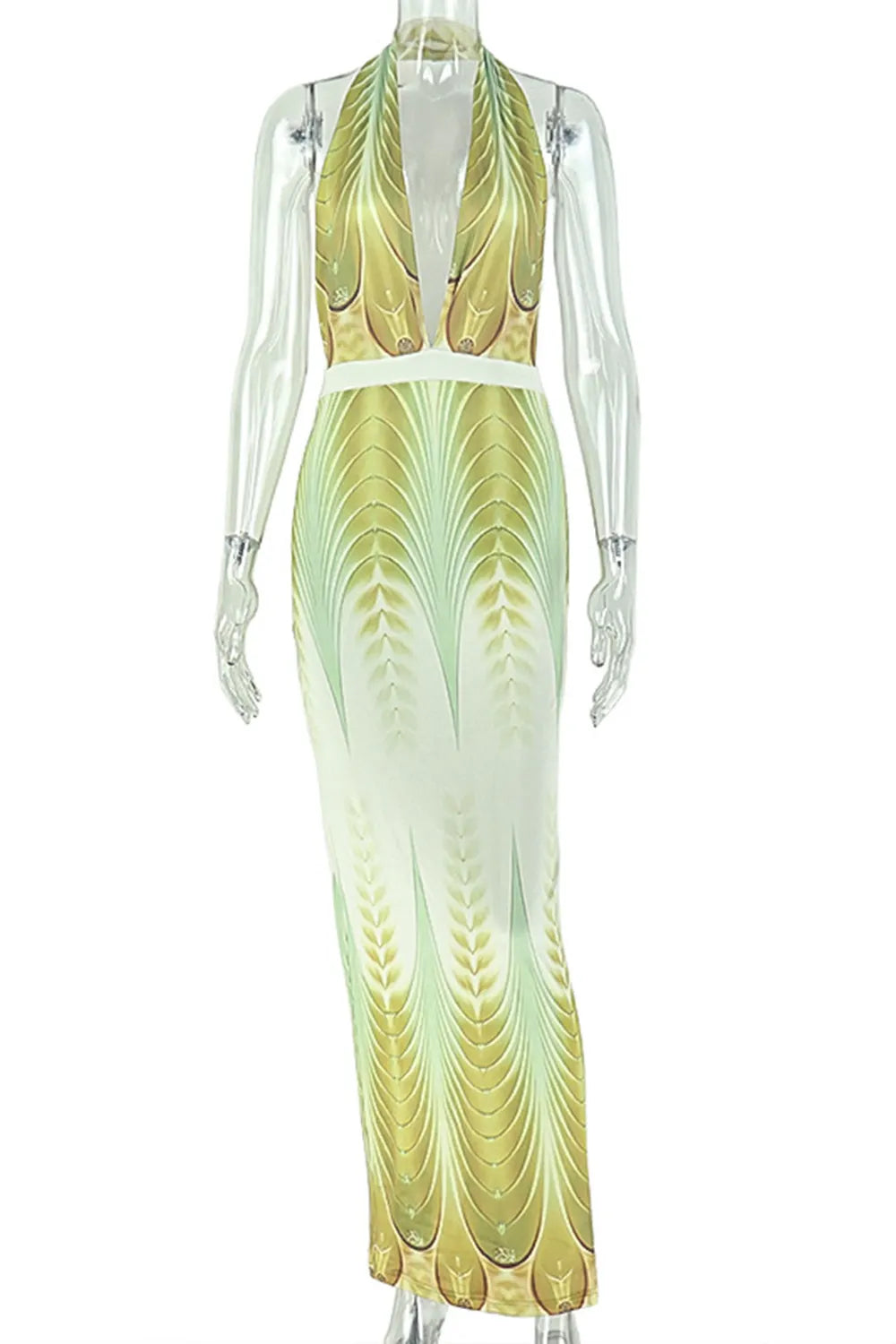 Halter Deep V Neck Backless Gradient Print Slim Vacation Maxi Dresses-Green