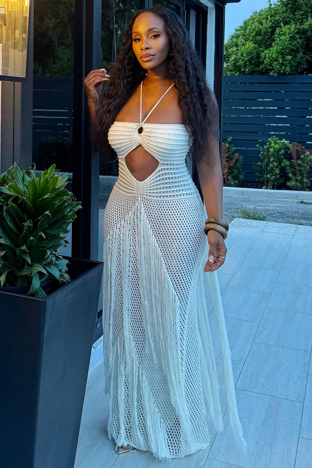 Halter Textured Knit Cutout Fringe Vacation Maxi Dresses-White
