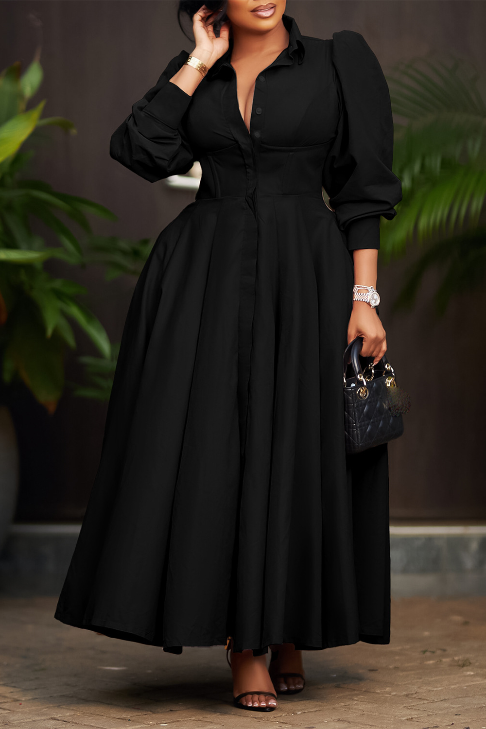 Collar Long Sleeve Cinch Waist Solid Color Maxi Shirt Dresses-Pink
