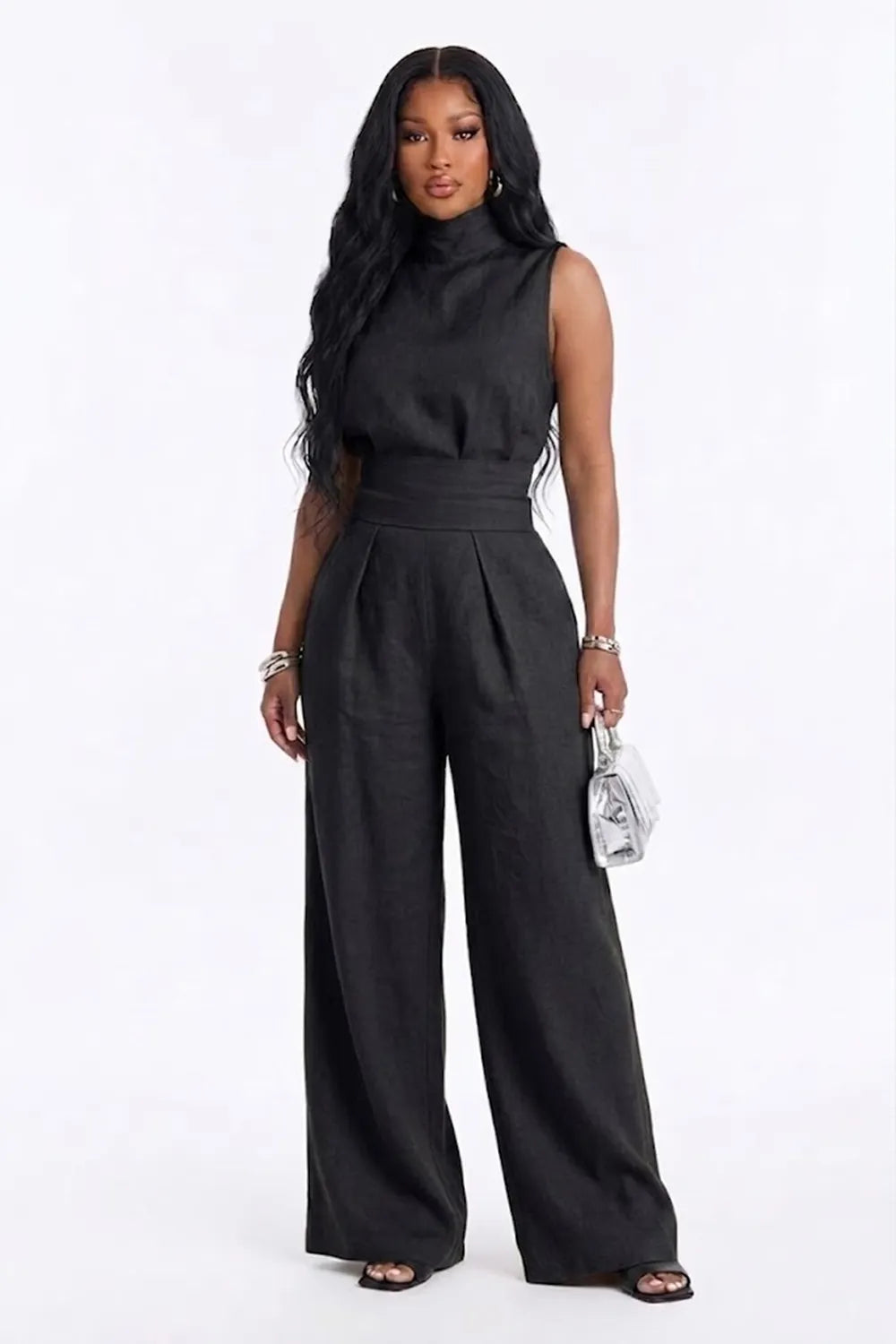 High Neck Sleeveless Top High Wasit Wide Leg Pants Casual 2pcs Set-Green