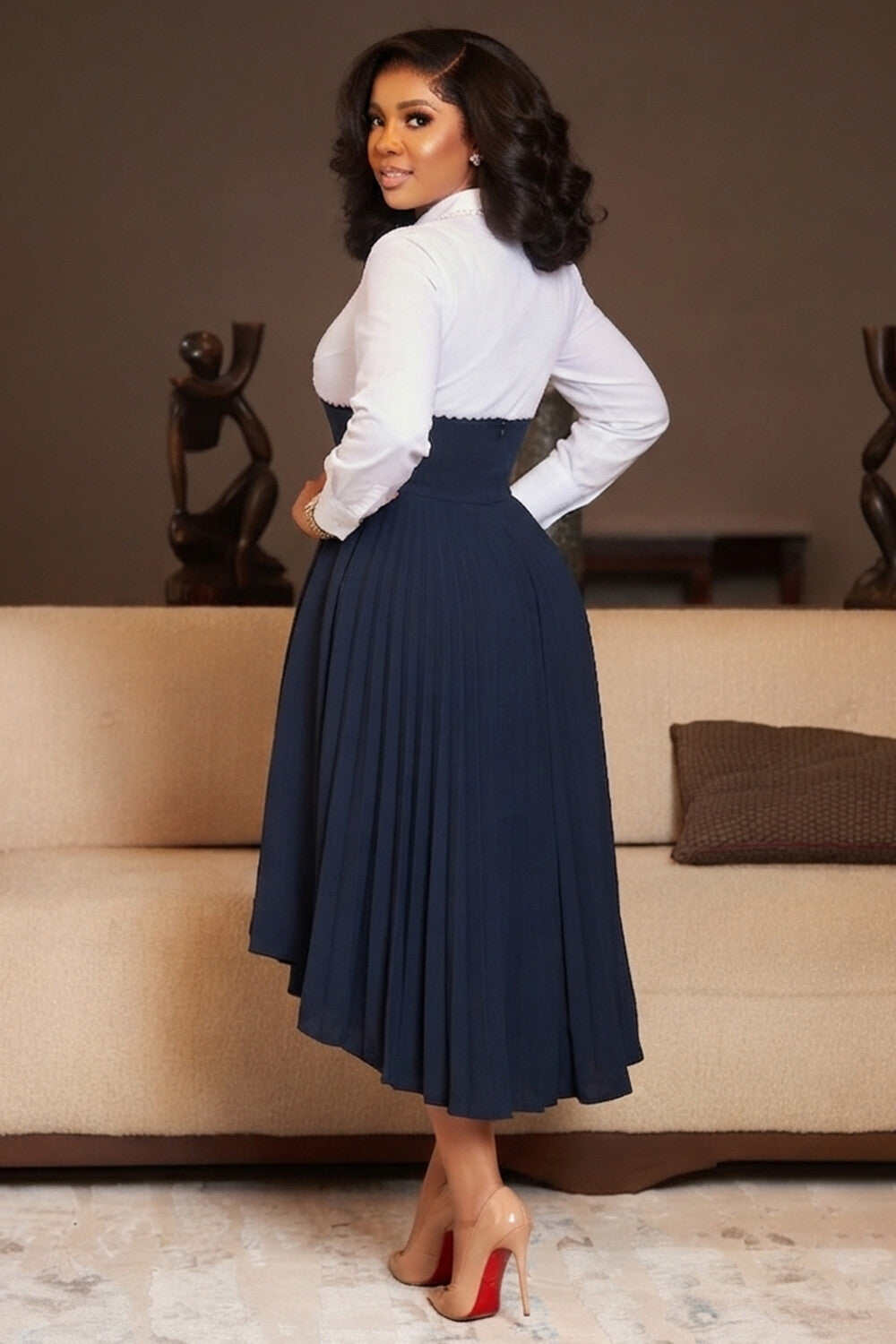 Pearl Decor Shirt Collar Long Sleeve Colorblock Midi Dresses-Navy