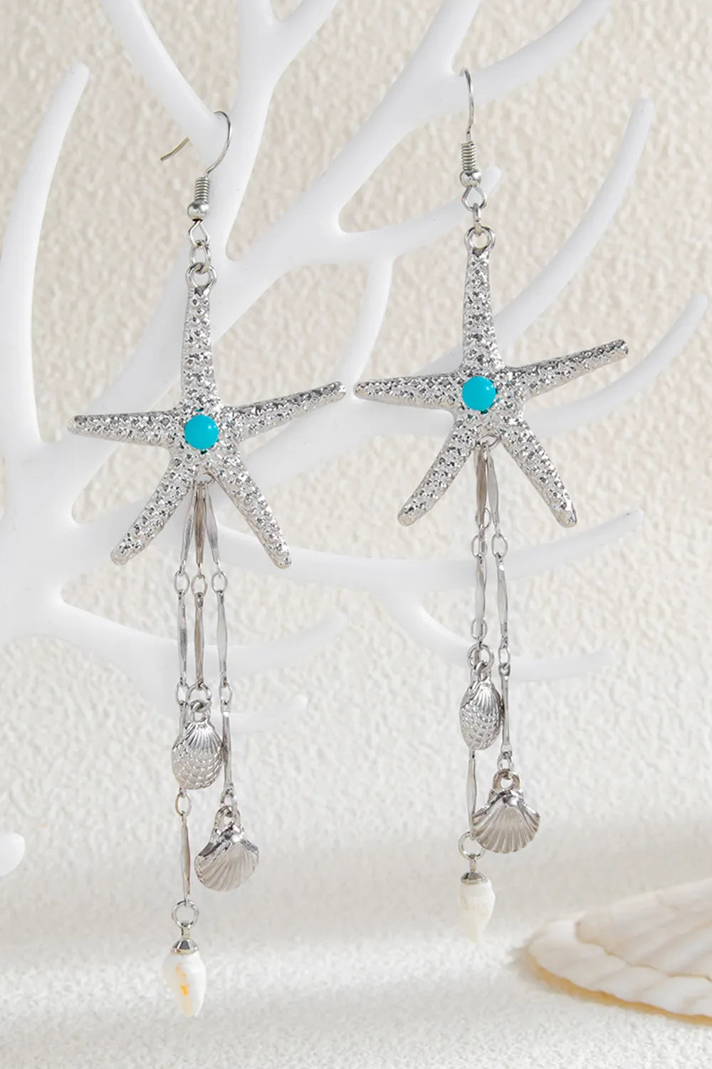 Vacation Boho Style Shell Tassel Metallic Starfish Shaped Dangle Earrings