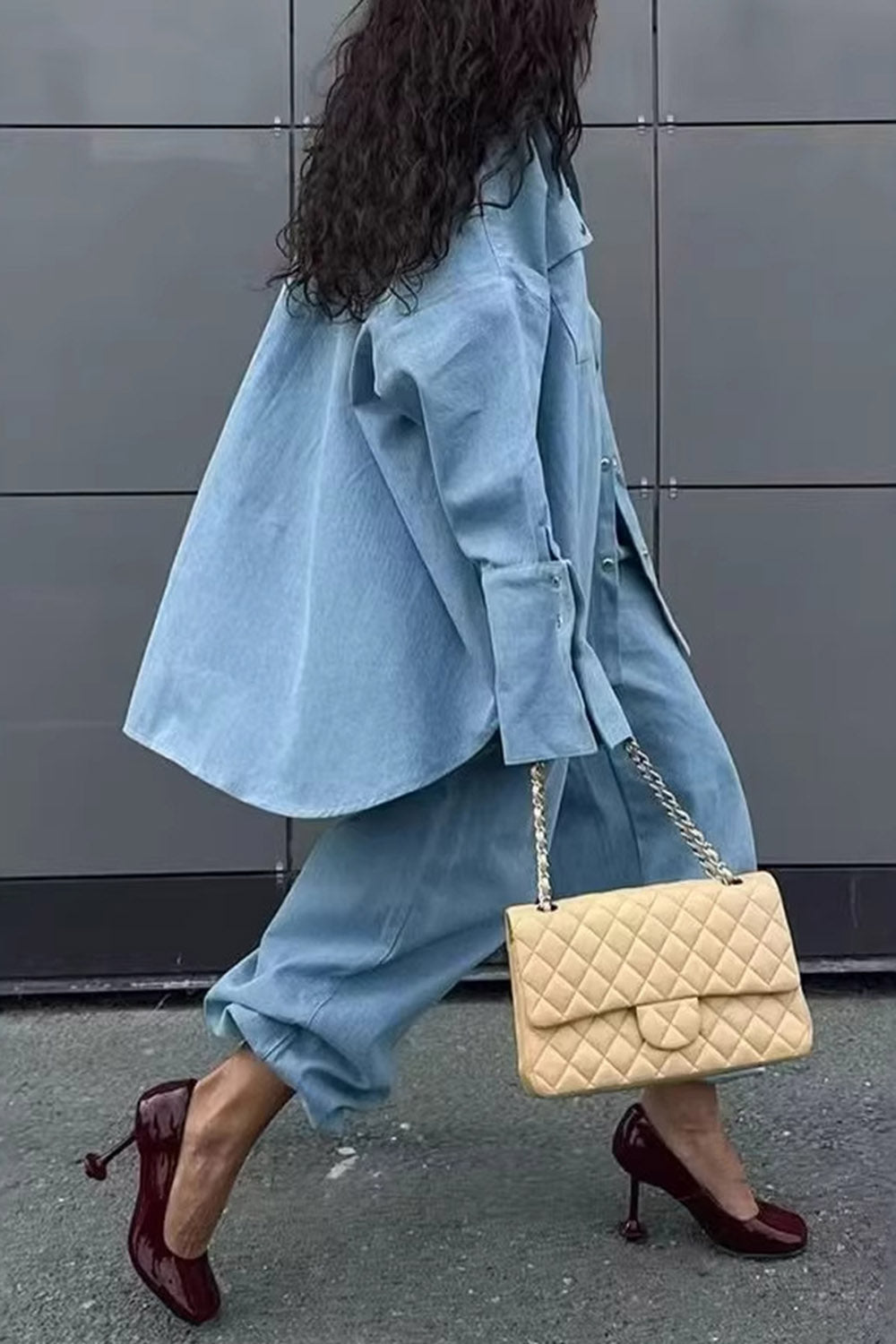 Denim  Collar Balloon Sleeve Long Top Pants Casual 2pcs Set-Blue