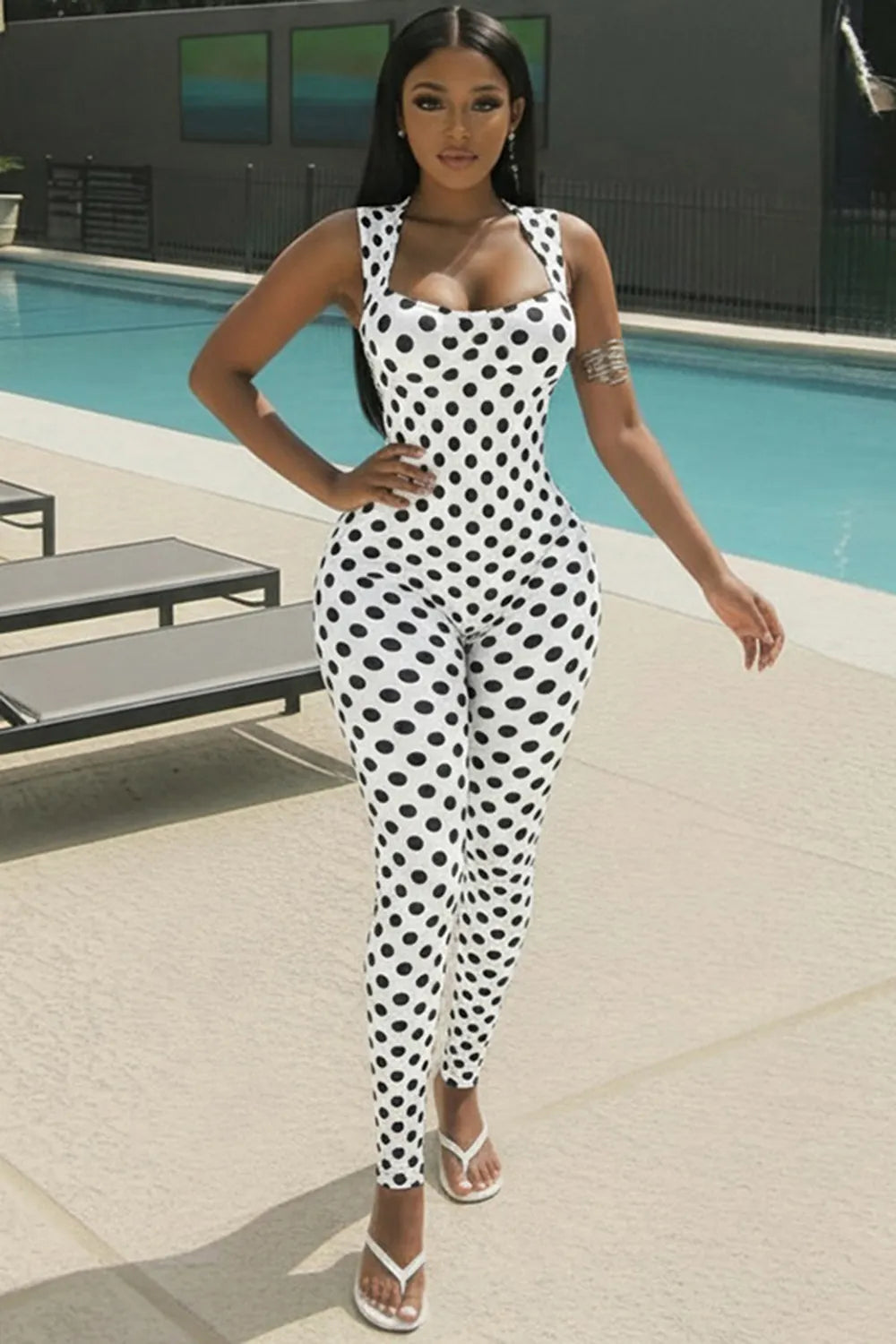 Wide Straps Square Neck Backless Polka Dot Bodycon Casual Jumpsuit-Black