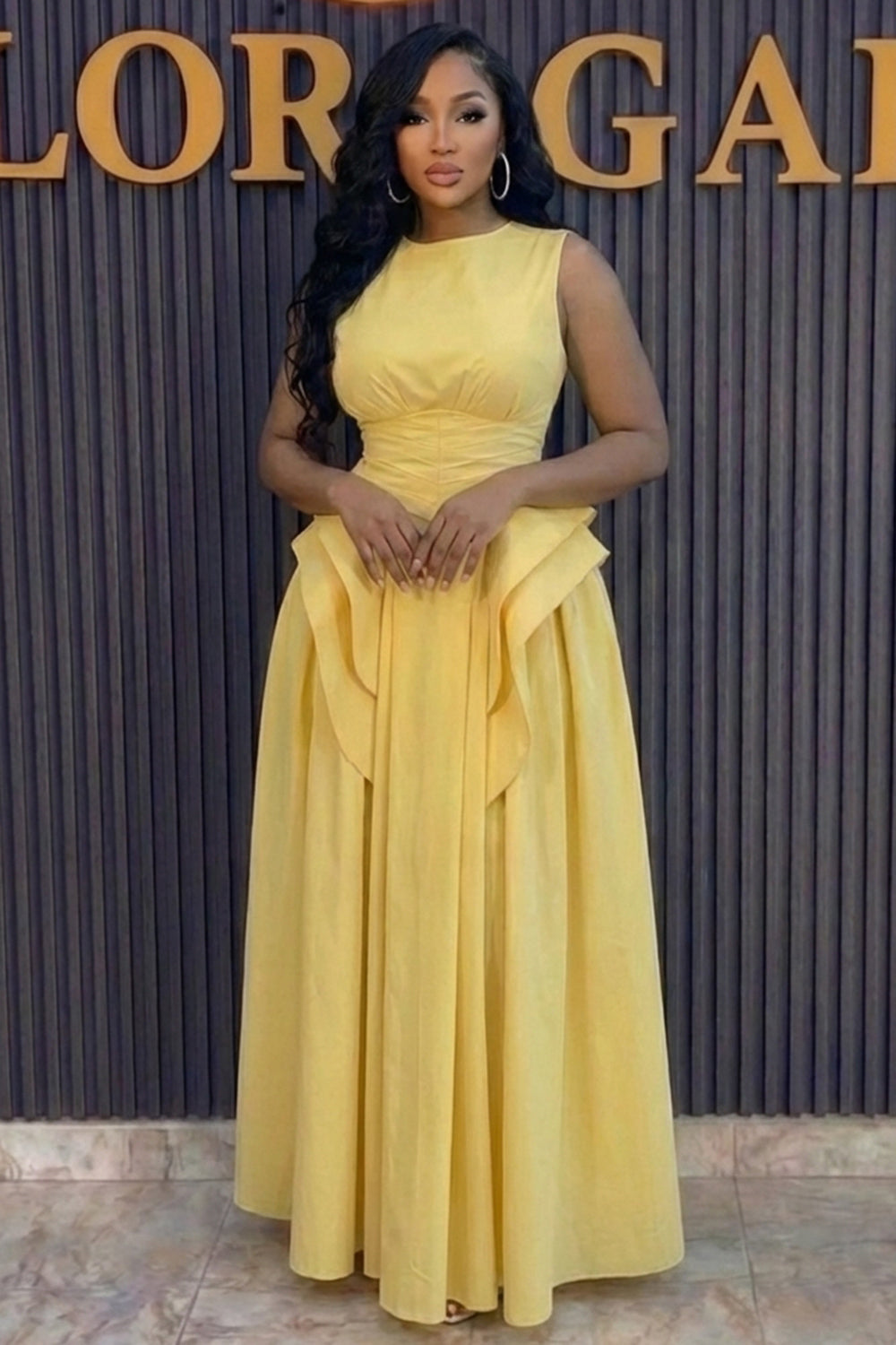 Round Neck Sleeveless Ruffle A-Line Gowns Maxi Dresses-Yellow