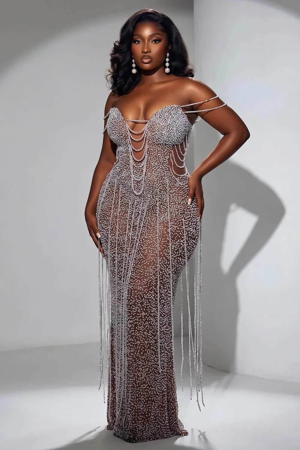 Off Shoulder Rhinestone See Through Slim Fit Maxi Dresses-Silver
