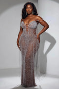 Off Shoulder Rhinestone See Through Slim Fit Maxi Dresses-Silver