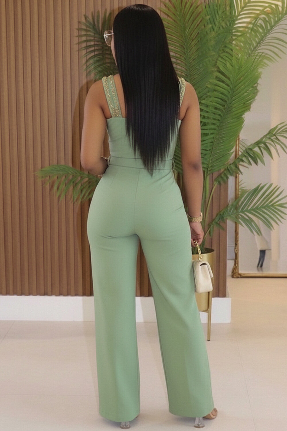 Crystal Wide Straps Sleeveless Wide Leg Casual Jumpsuit-Green