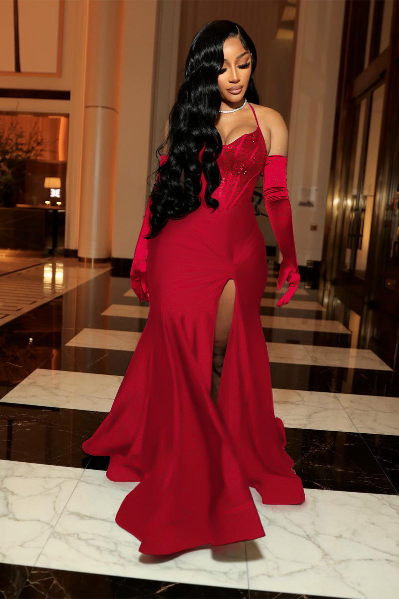 Black High Slit Mermaid Maxi Dress with Halter Neck and Corset Detail