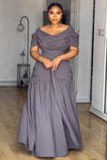 Off Shoulder Short Sleeve Cinch Waist Ruched Maxi Dresses-Purple