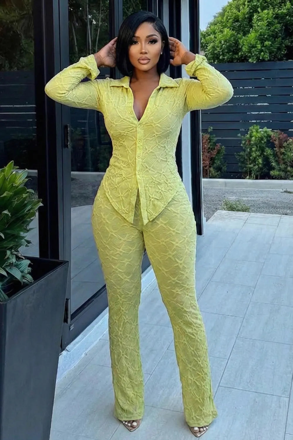 Collar Long Sleeve Top Skinny Pants 2pcs Set-Green