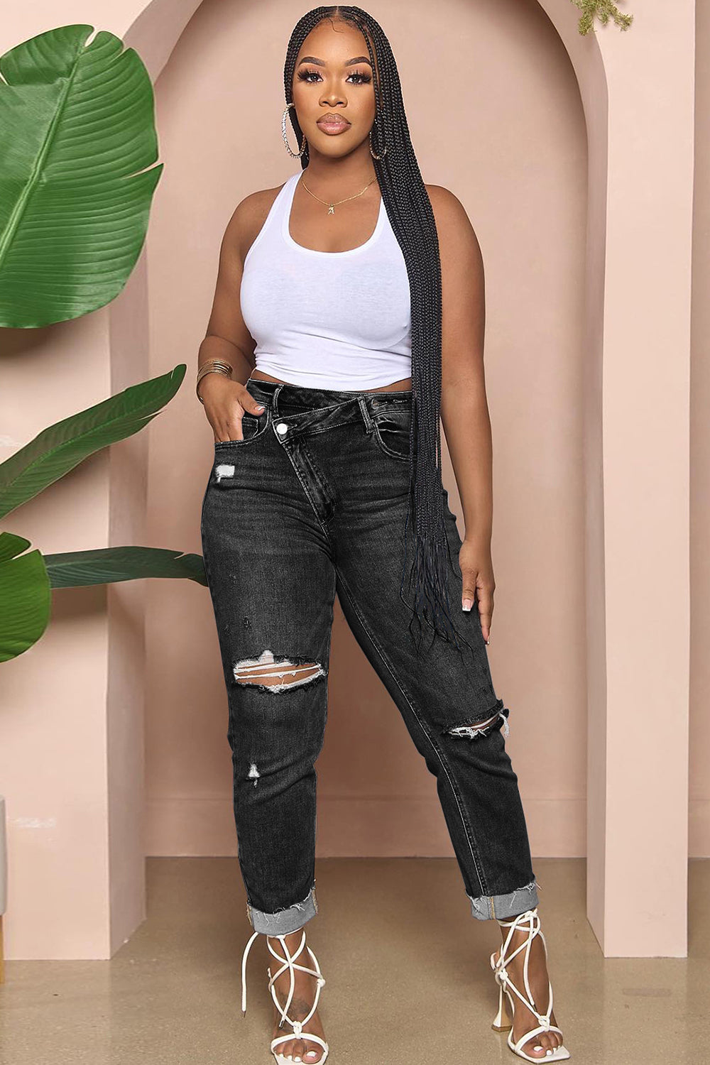 Denim High Waist Ripped Slim Fit Tapered Casual Cuffed Jeans-LightBlue