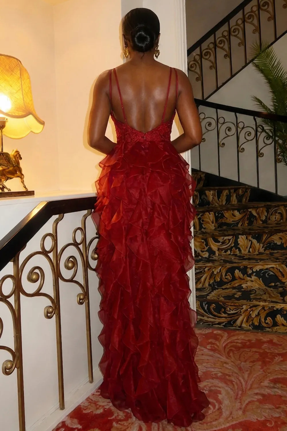 V Neck Floral Lace Multi-Layer Ruffle Gowns Maxi Dresses-Red