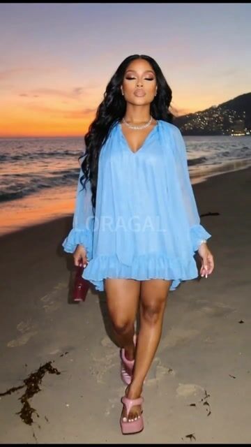 V Neck Cape Sleeve Ruffle Loose Fit Vacation Mini Dresses-Blue