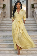 Solid Color Polo Neck 3/4 Sleeve Sash Ruched Vacation Maxi Dresses-Yellow