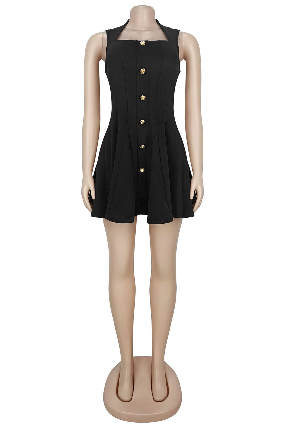 Sleeveless Metal Buttons Decor Solid Color A-Line Casual Mini Dresses-Black