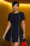 Round Neck Zipper Patchwork A-Line Casual Mini Dresses-Black