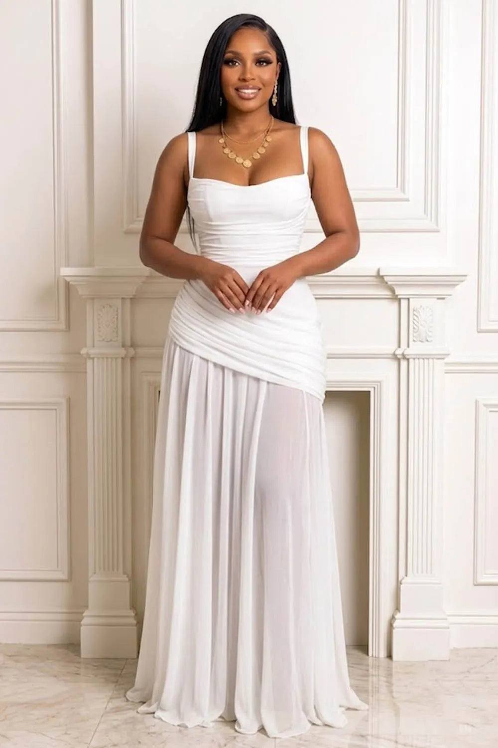 Cami Square Neck Ruched Cinch Waist Back Lace-Up Gowns Maxi Dresses-Yellow