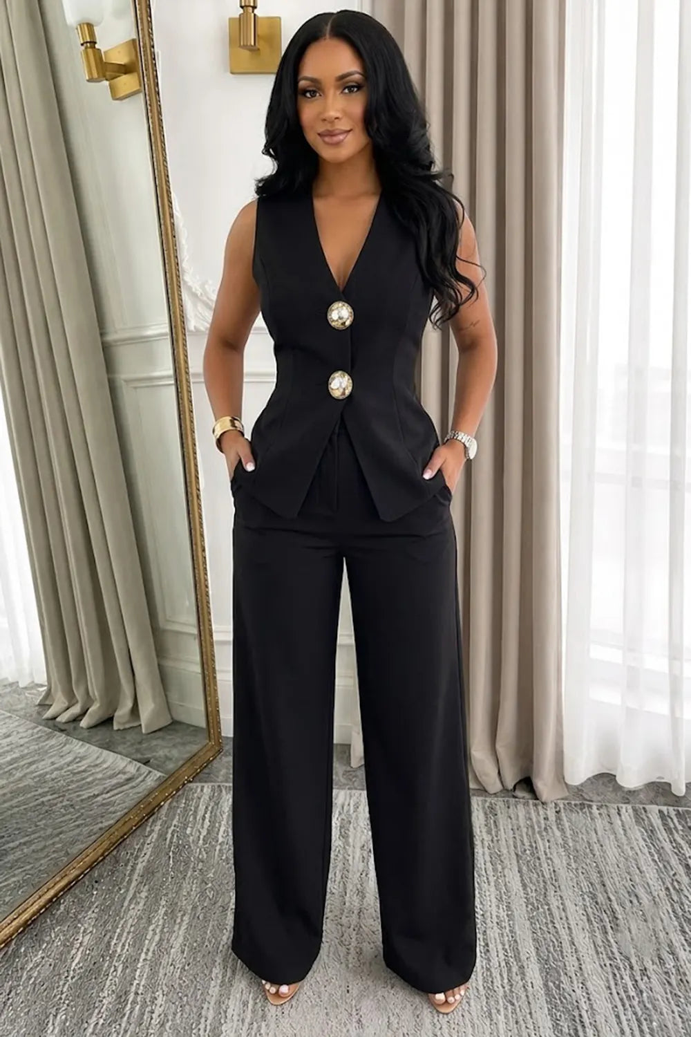 Plain V Neck Gold Button Vest High Waist Pants Business Casual 2pcs Set-White