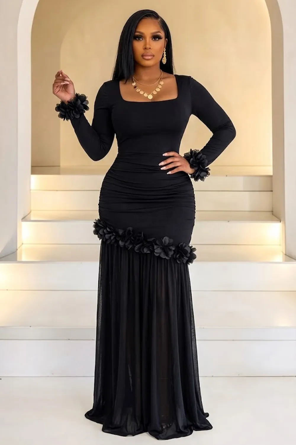 Square Neck Fluffy Trim Ruched Mesh Patchwork Party Maxi Dresses-Black