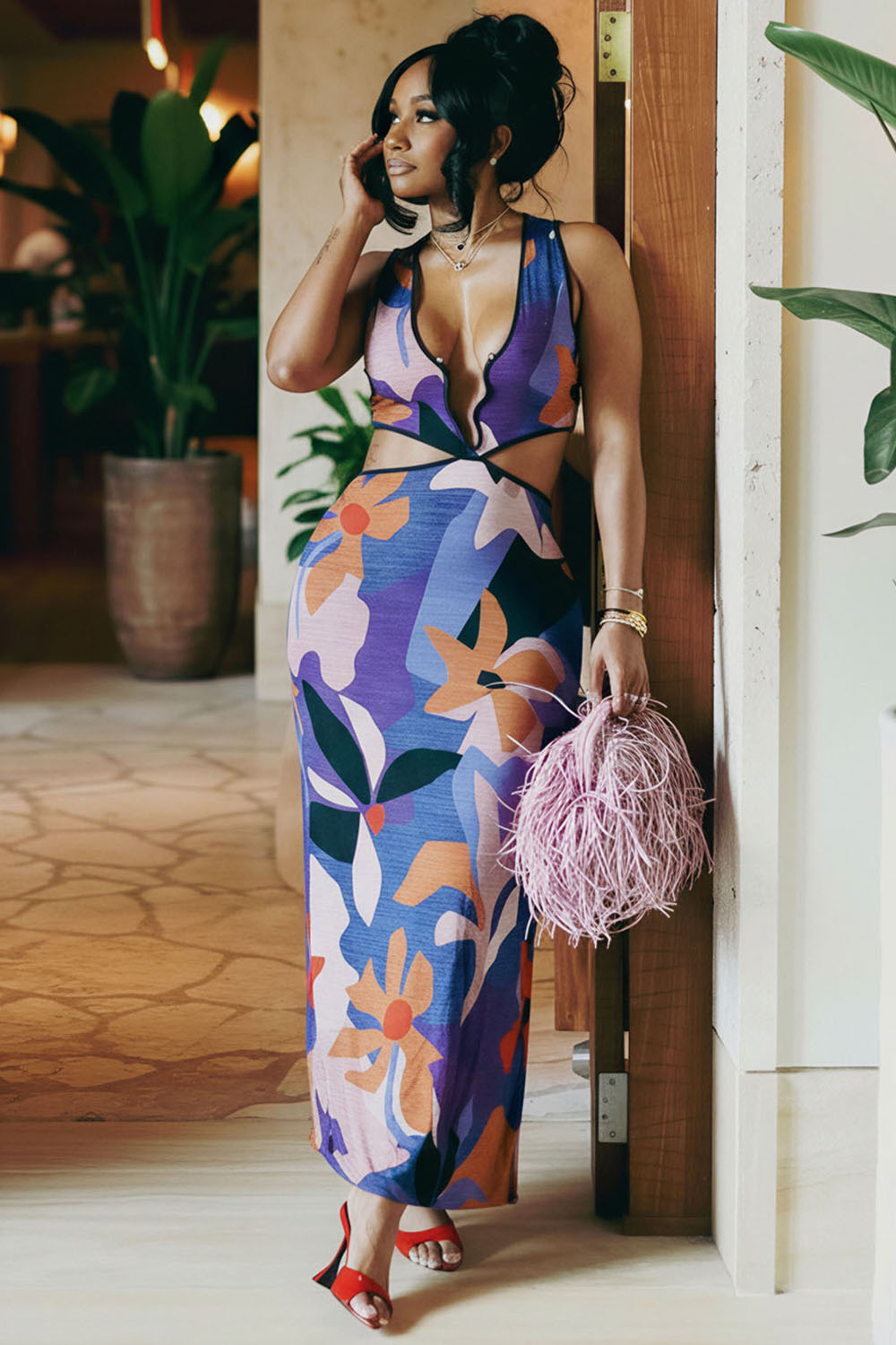 All Over Print Cut Out Slim Fit Vacation Maxi Dresses