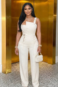 Wide Straps Tie Up Solid Color Slim Fit Casual Jumpsuit-Beige