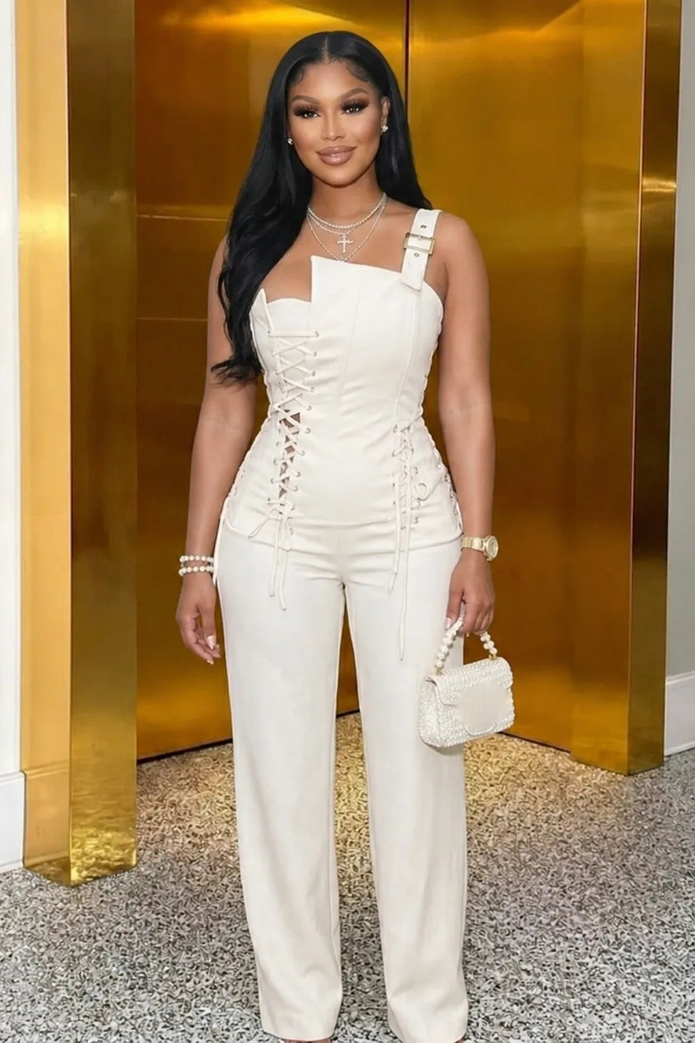 Wide Straps Tie Up Solid Color Slim Fit Casual Jumpsuit-Beige