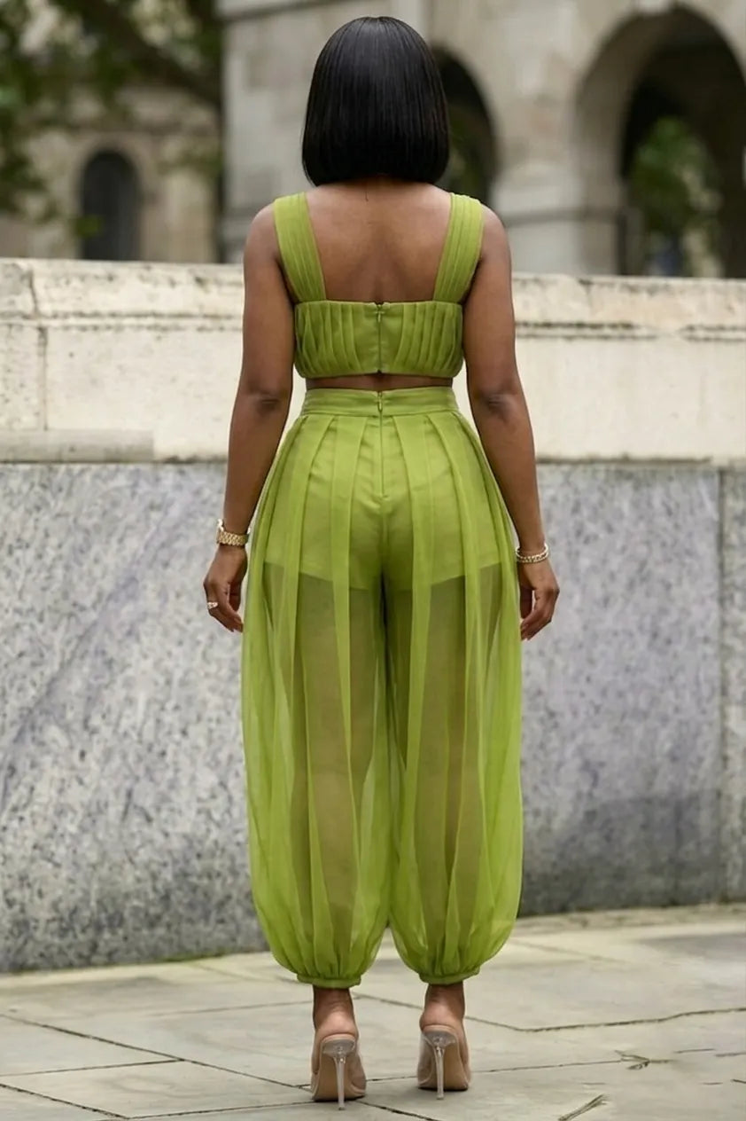 Wide Strap Crop Top High Waist Mesh Pants Casual 2pcs Set-Green