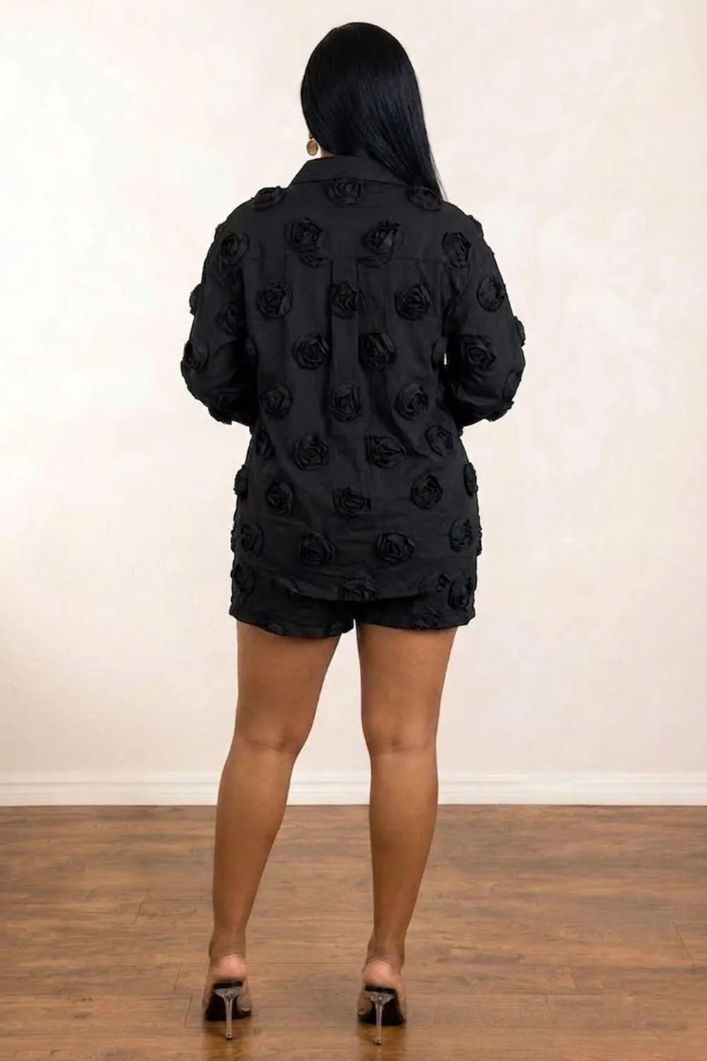 3D Rose Decor  Collar Long Sleeve Shirt Shorts Casual 2pcs Set-Black