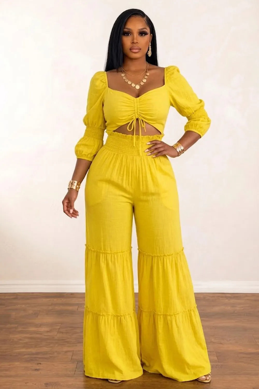 Puff Sleeve Smocking Crop Top Tiered Wide Leg Pants Vacation 2pcs Set-Yellow