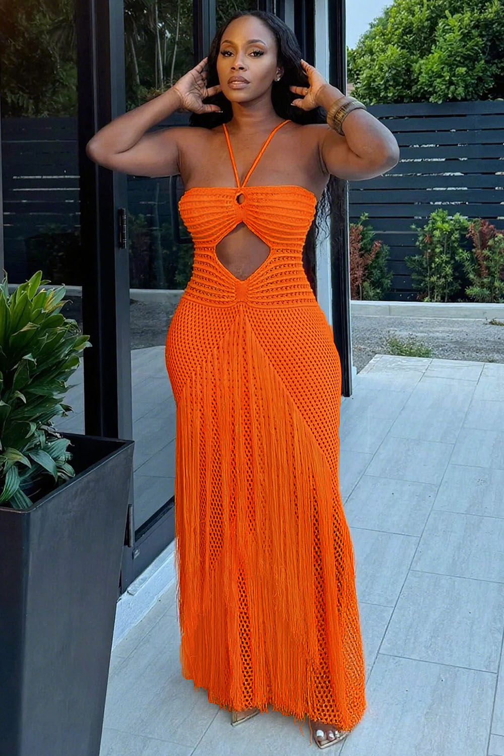 Halter Textured Knit Cutout Fringe Vacation Maxi Dresses-White