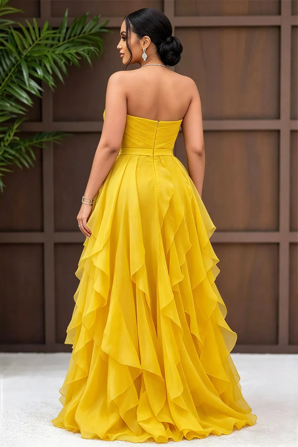 Strapless Metal Buckle Tiered Ruffle Hem Maxi Dresses-Yellow