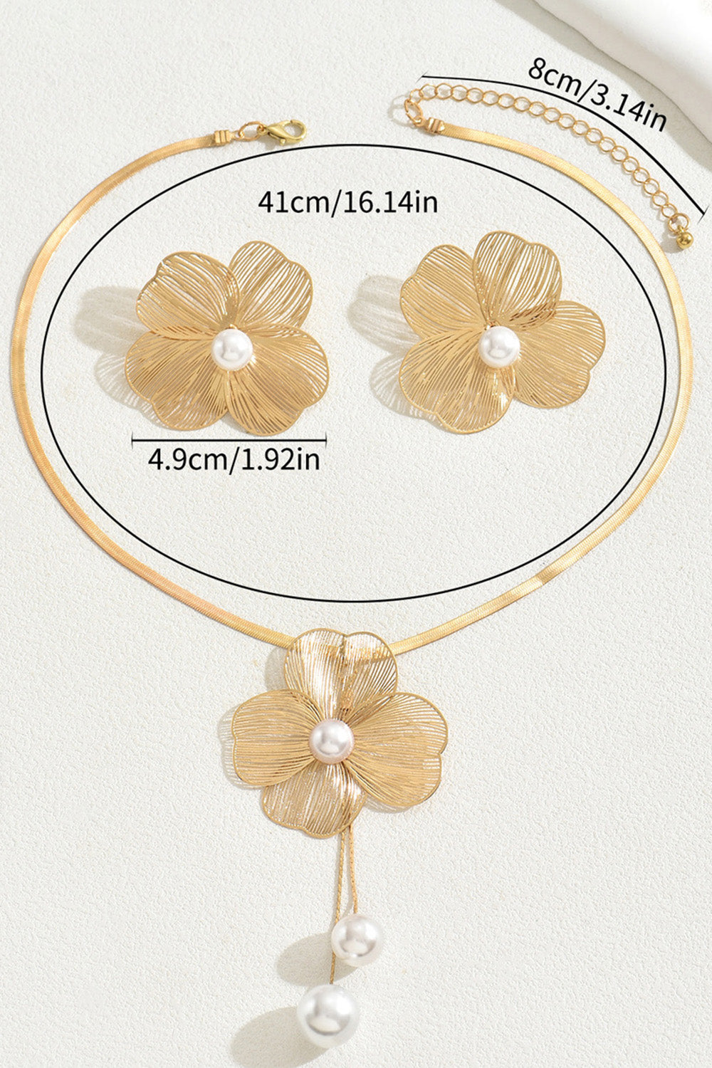 Metallic Hollow Out Floral Inlaid Pearl Necklace Earrings Jewelry Set