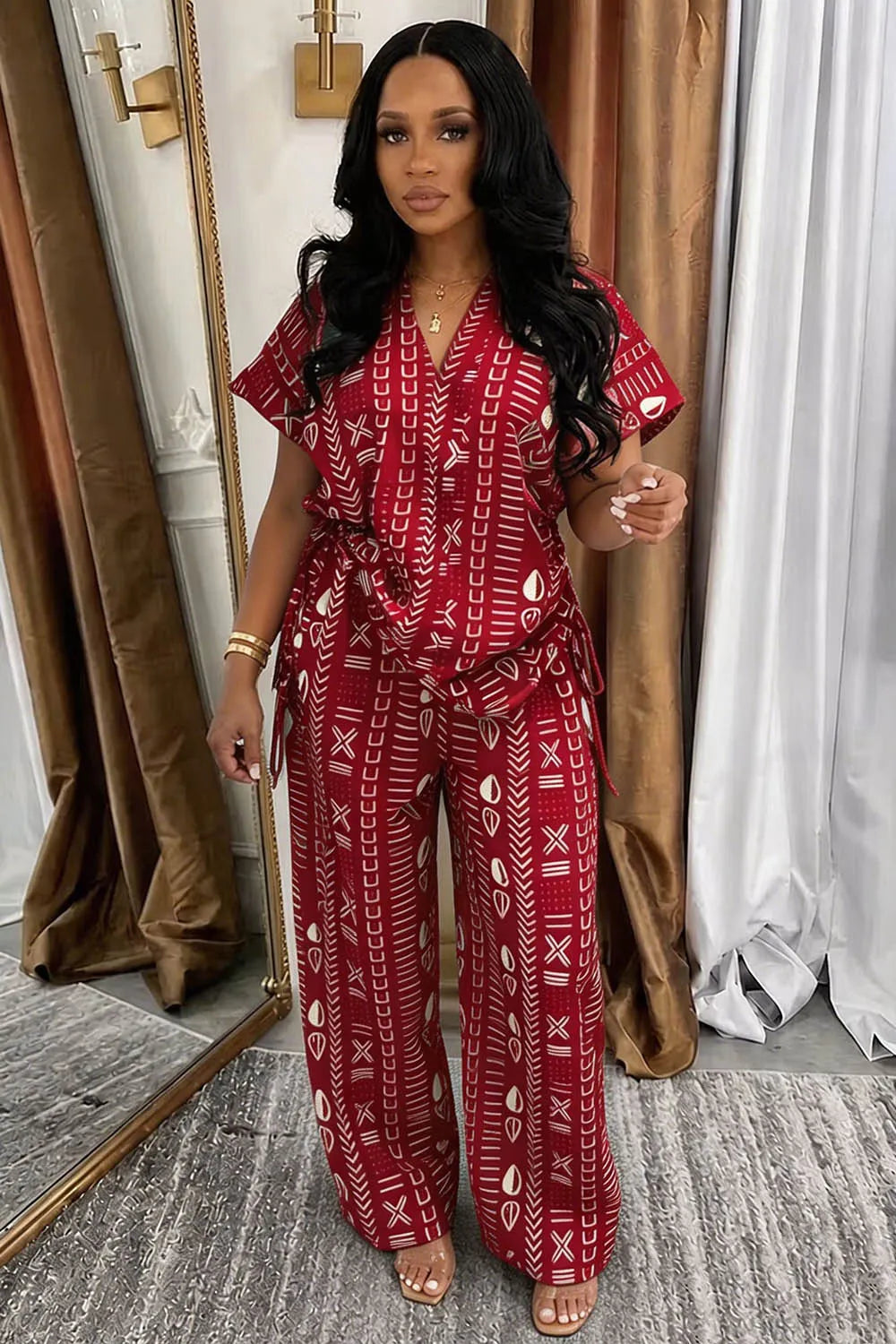 All Over Print V Neck Ruched Side Top Wide Leg Pants Casual 2pcs Set-Red