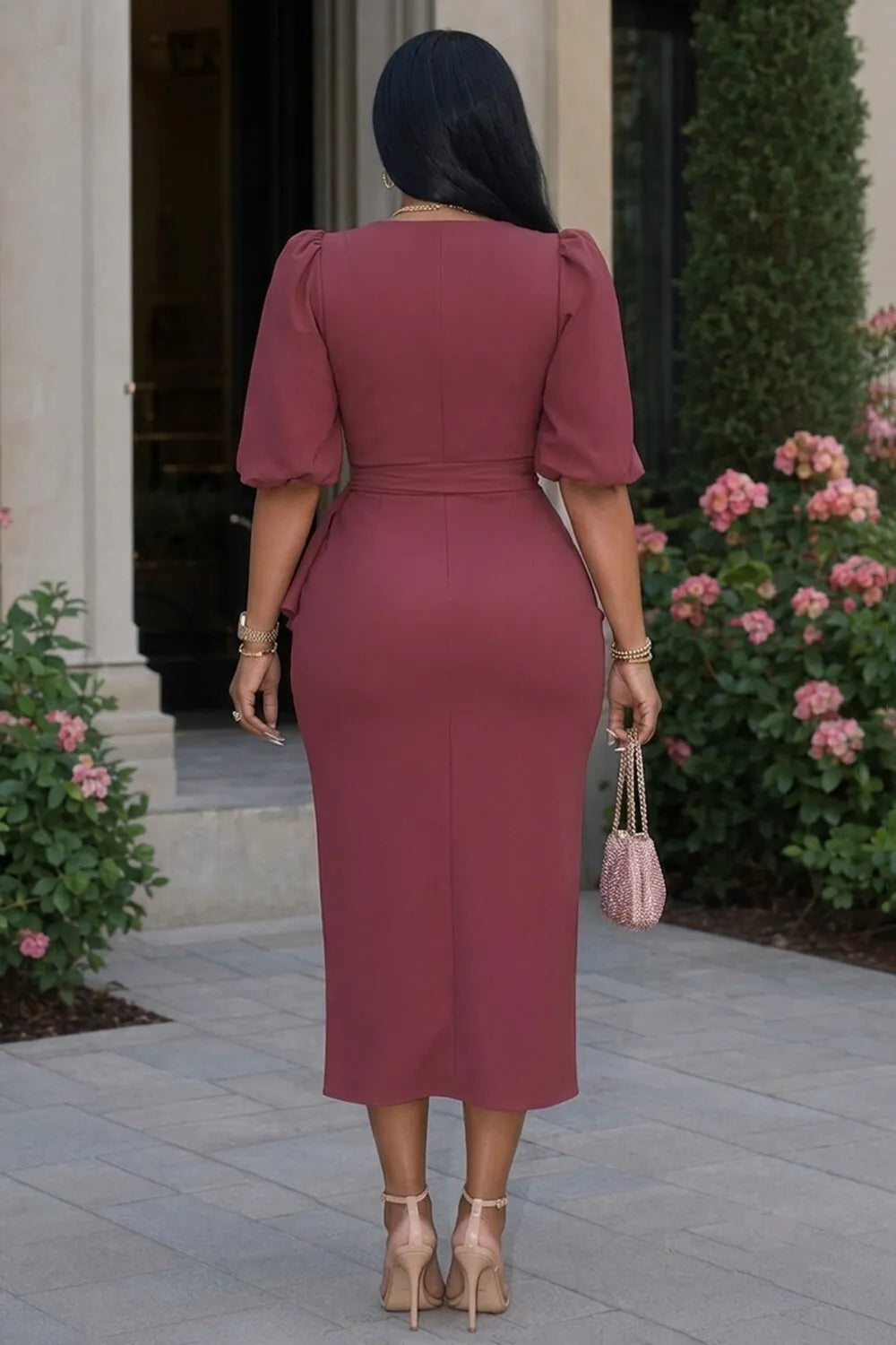 Crossover V Neck Puff Sleeve Ruched Wedding Midi Dresses-Purple