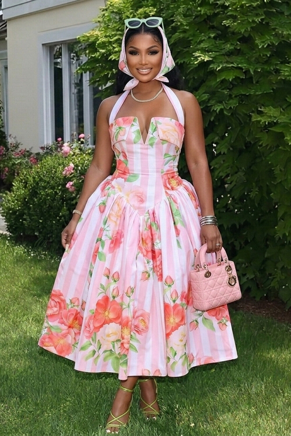 Halter V Cut Backless Floral Print A-Line Gowns Maxi Dresses-Pink