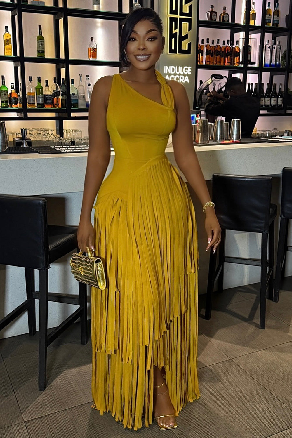 Wide Straps Cinch Waist Fringe Solid Color Maxi Dresses-Yellow