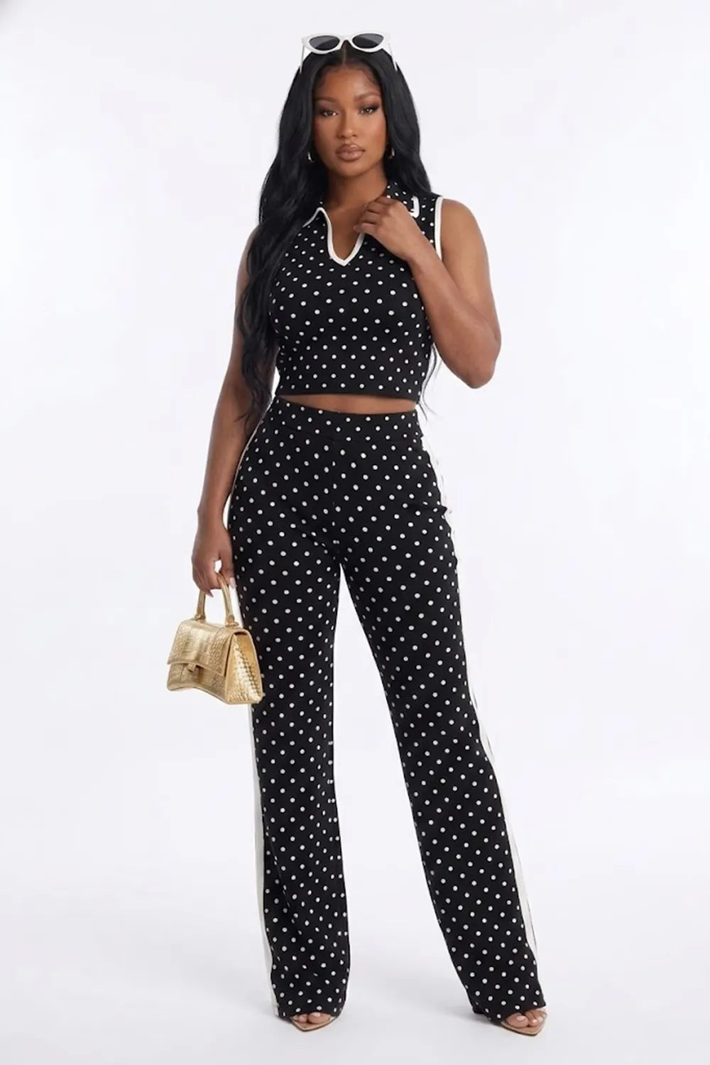 Polka Dot Print Polo Neck Sleeveless Top High Waist Slit Pants 2pcs Set-Black