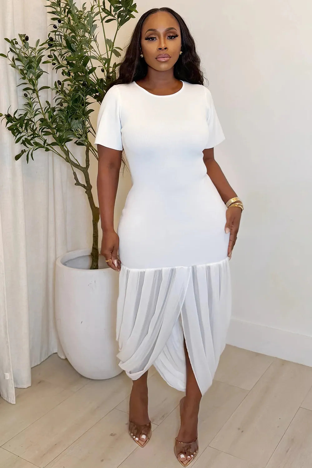 Round Neck Short Sleeve Irregular Hem Casual Midi Dresses-White