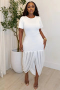 Round Neck Short Sleeve Irregular Hem Casual Midi Dresses-White