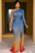 One Shoulder Cinch Waist Ruched High Slit Party Maxi Dresses-Blue