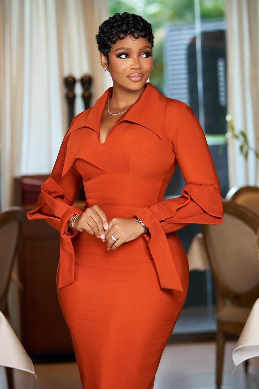 Collar Cinch Waist Bodycon Casual Maxi Dresses-Orange