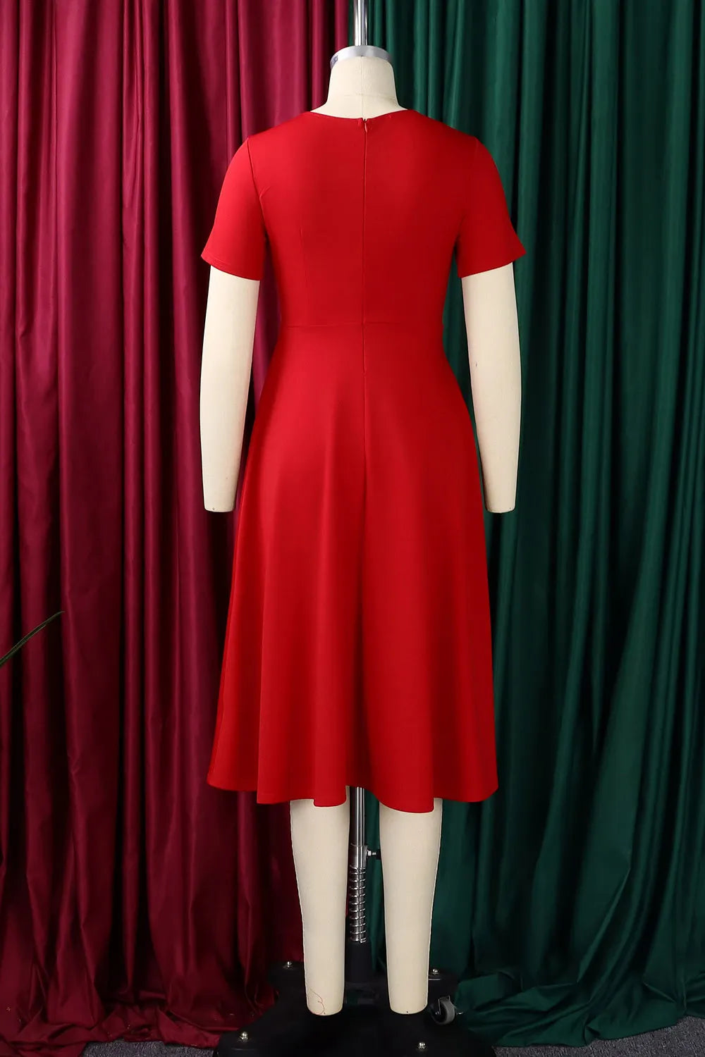 Round Neck Short Sleeve Zipper Solid Color A-Line Formal Midi Dresses-White