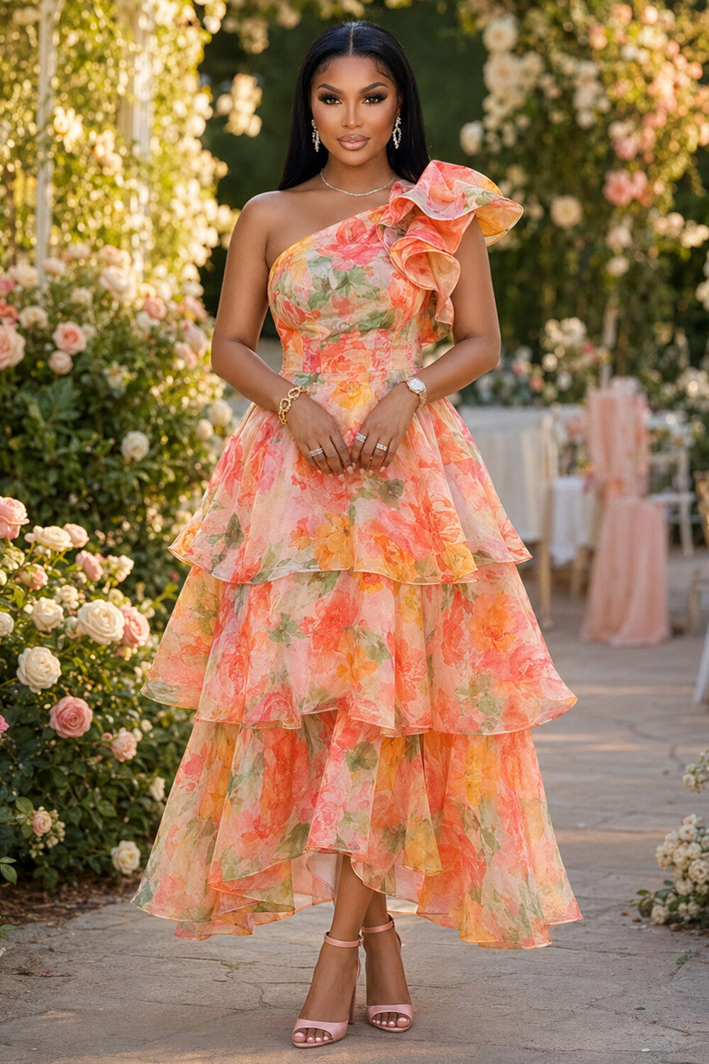 Floral Print One Shoulder Tiered Ruffle Hem Midi Dresses-Orange