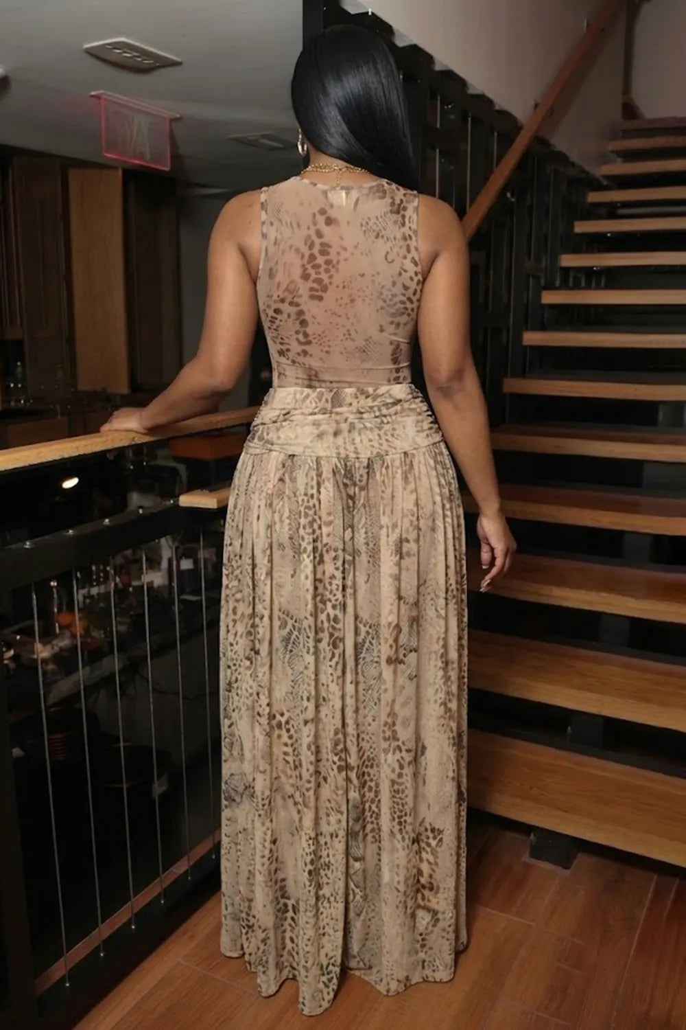 Snake Print Round Neck Sleeveless Bodysuit Slit Maxi Skirt 2pcs Set-Apricot