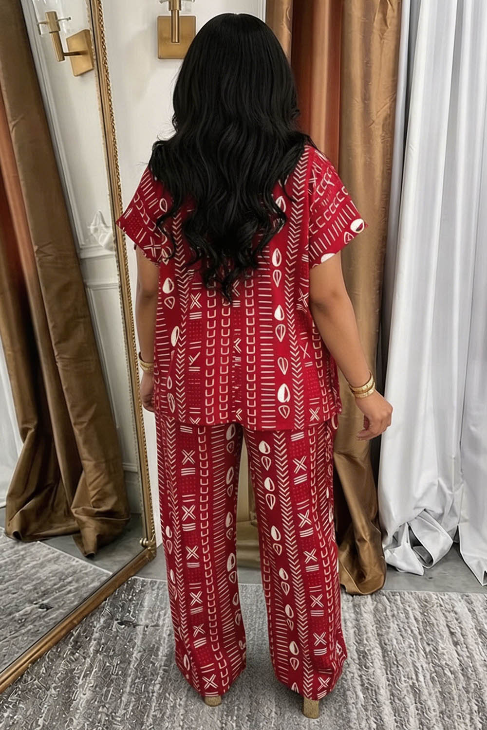 All Over Print V Neck Ruched Side Top Wide Leg Pants Casual 2pcs Set-Red