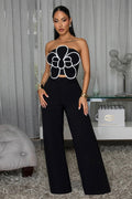 Strapless Contrast Piping Flower Top Wide Leg Pants Casual 2pcs Set-Black