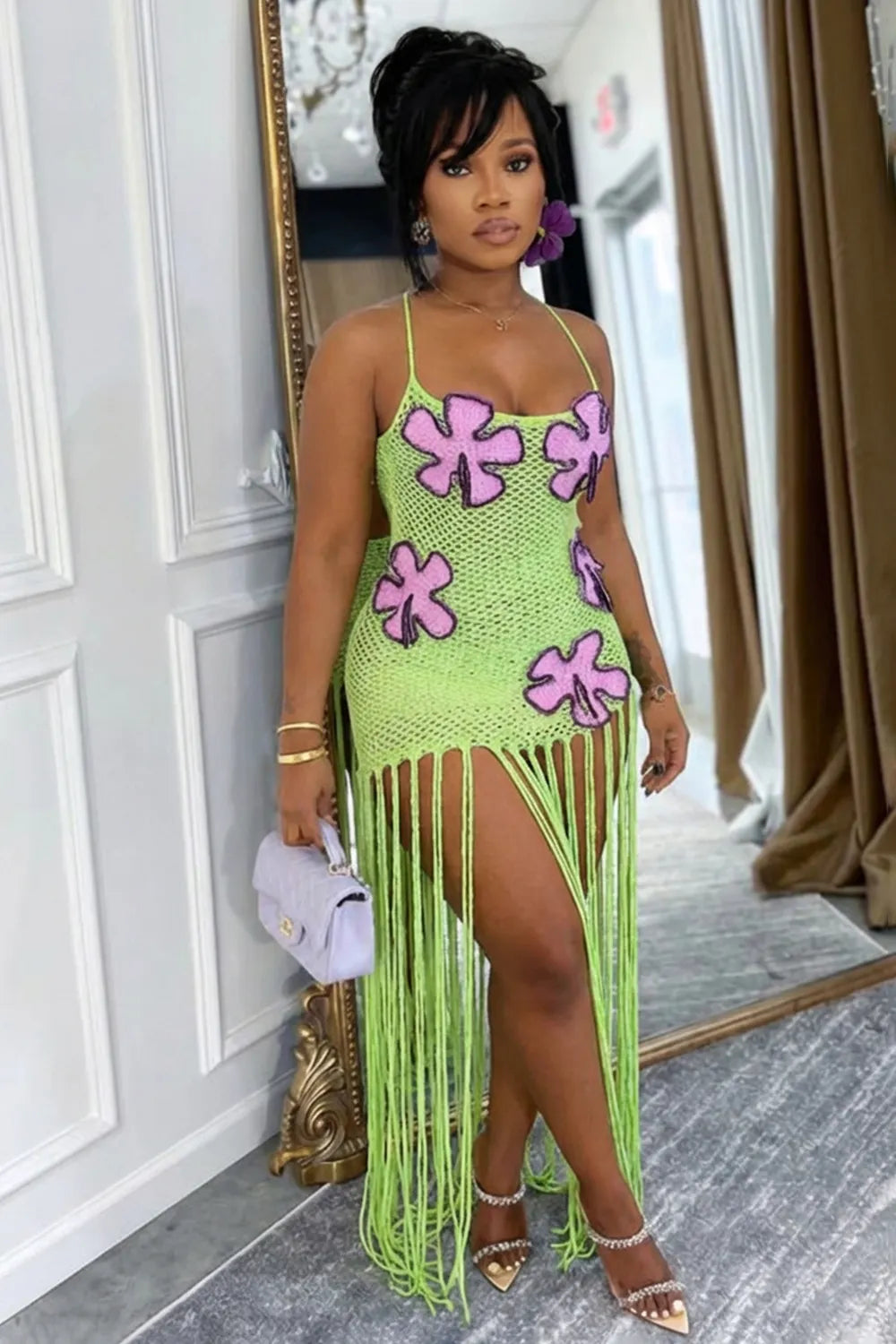 Back Cross Halter 3D Flower Fringe Hem Knit Maxi Dresses-Green