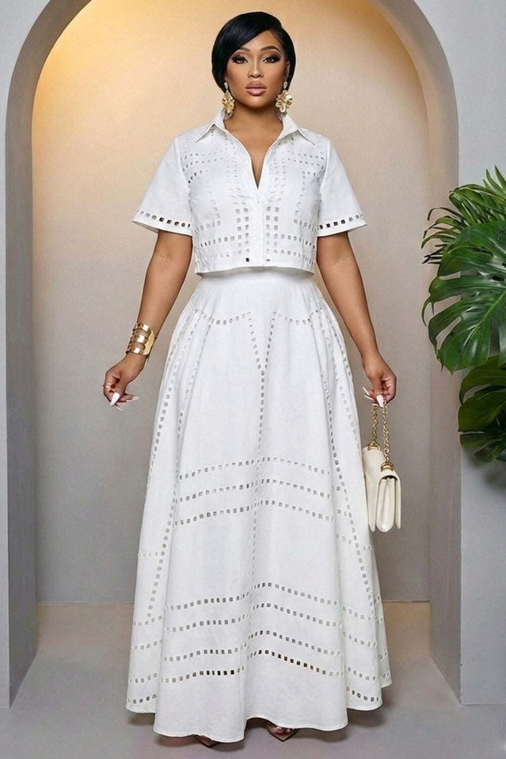 Hollow Out  Collar Top Maxi Skirt Casual 2pcs Set-White