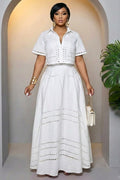 Hollow Out  Collar Top Maxi Skirt Casual 2pcs Set-White